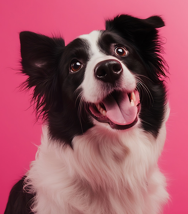 Border Collie looking up with pink background